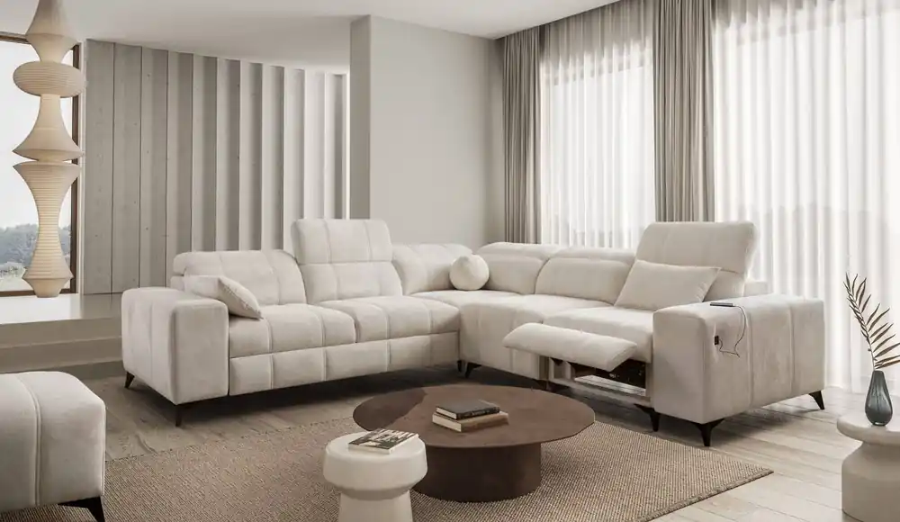 Ecksofa mit Schlaffunktion Penejos III Lux creme rechts komfortables Ecksofa für das Wohnzimmer mit ausziehbarem Fußteil Bettwäschecontainer Bestpreis
