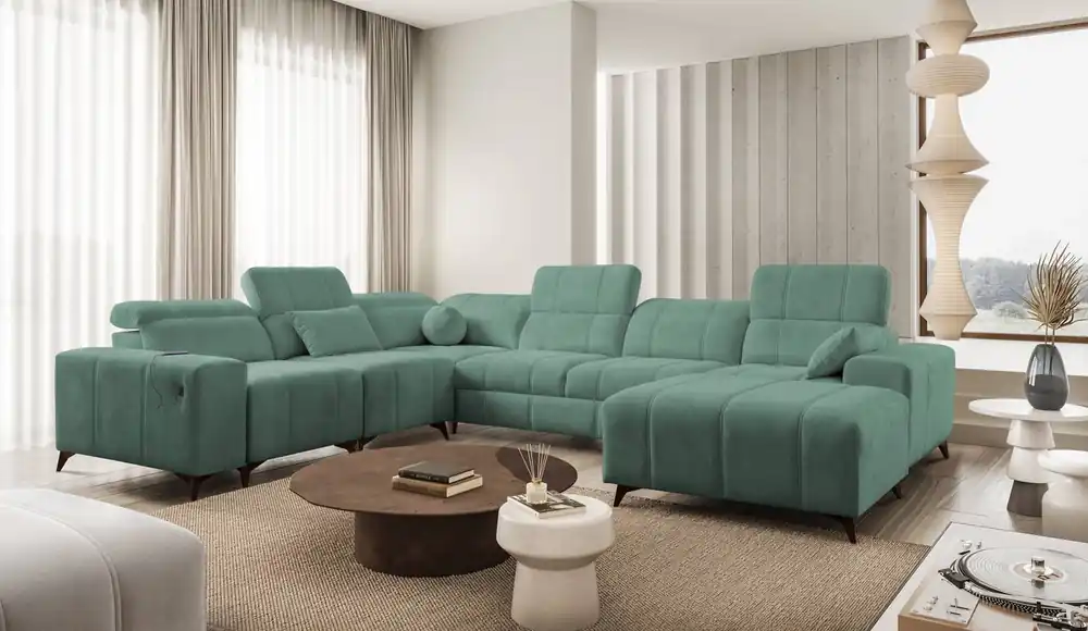 Ecksofa mit Schlaffunktion Penejos VIII grün rechtsseitig stilvolles Ecksofabett aus strapazierfähigem Stoff Günstig