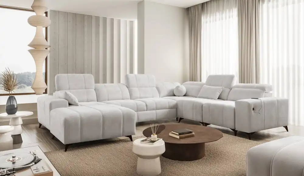Ecksofa mit Schlaffunktion Penejos VIII grau Esche links stilvolles Ecksofabett aus strapazierfähigem Stoff Neue Ware