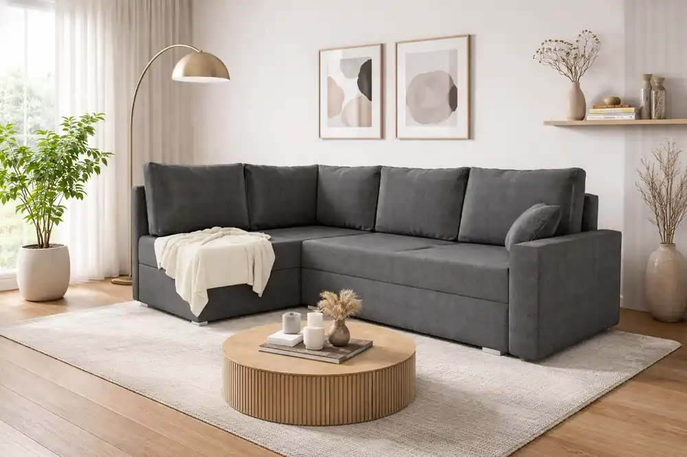Ecksofa mit Schlaffunktion Nofi dunkelgrau linke Ecke modernes Design schlichtes und stilvolles Design passend zu jeder Einrichtung Markenware