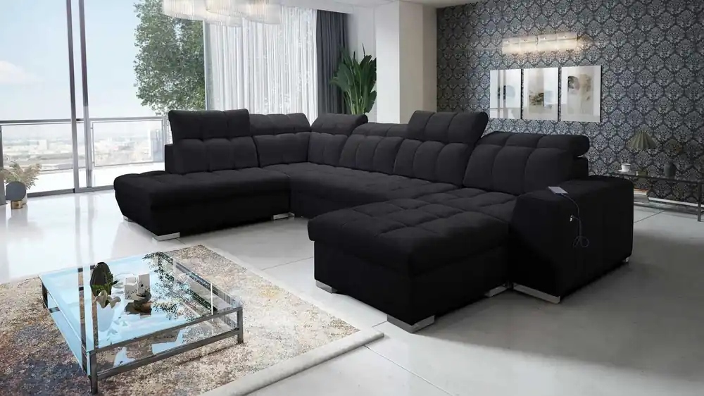 Sale Ecksofa mit Schlaffunktion Luigi VI schwarz rechtsseitig stilvolles Ecksofa mit Bettzeugcontainern in weichem Stoff bezogen