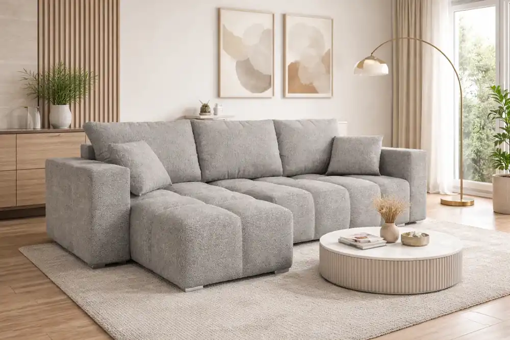 Ecksofa mit Schlaffunktion Linco grau Universal Ecksofa für das Wohnzimmer mit modernem Design aus Boucle-Stoff Geprüft