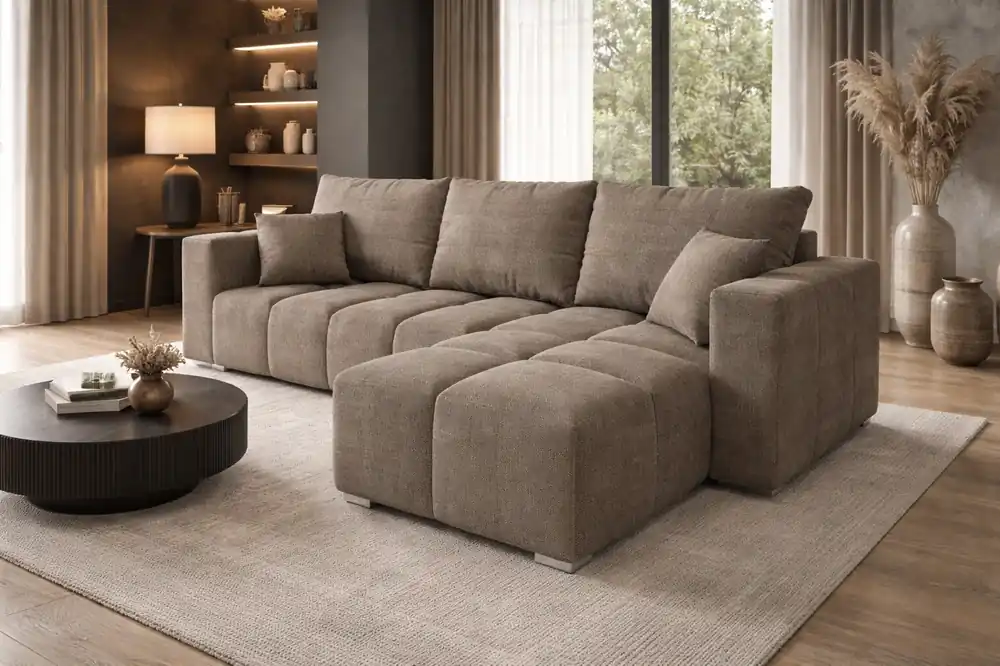Ecksofa mit Schlaffunktion Linco dunkelbeige universal modernes Ecksofa für Wohnzimmer strukturierter Stoff mit interessanter Oberfläche Knallerangebot