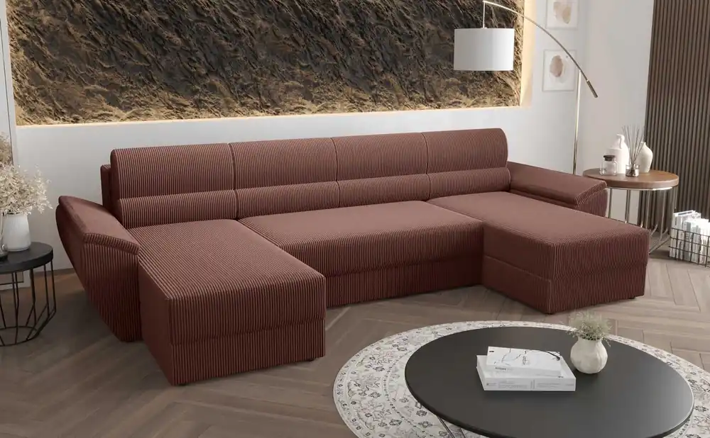 Neuheit Ecksofa mit Schlaffunktion Fogu U II Indisch rosa bequemes Ecksofa mit bequemen Armlehnen interessanter Designcontainer für Bettzeug