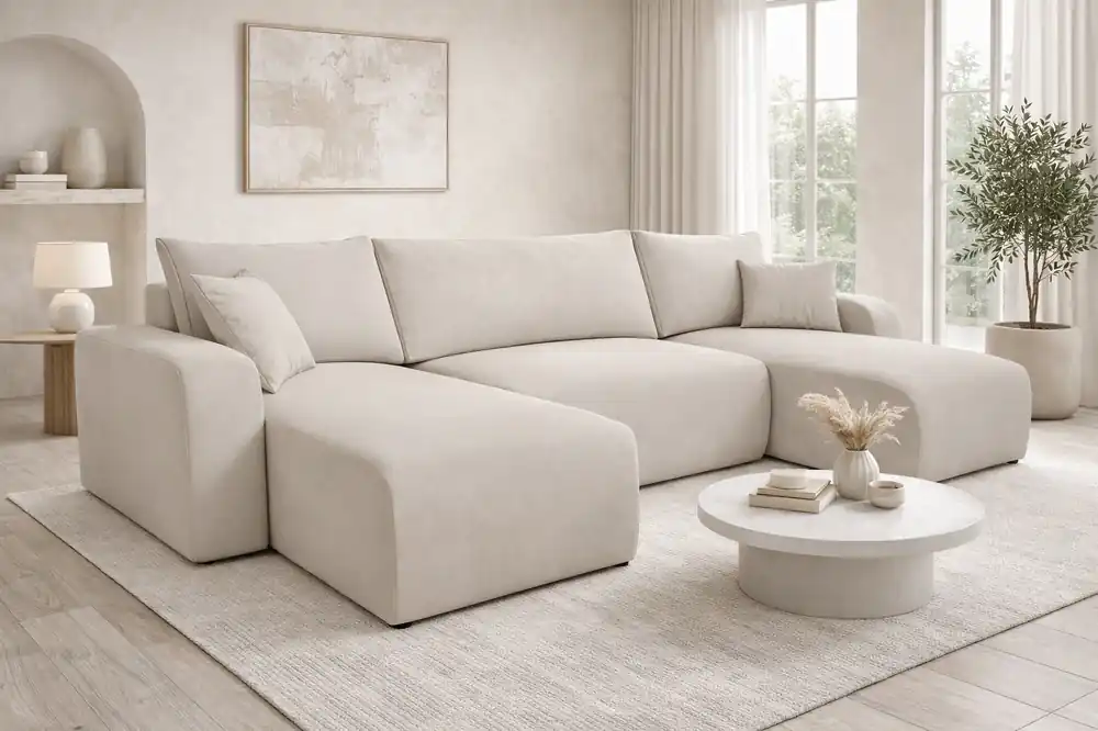 Highlight Ecksofa mit Schlaffunktion Fiesta U hellbeige stilvolles Ecksofa mit interessanter Form Stoff mit Plüsch Oberfläche Bettzeug Container