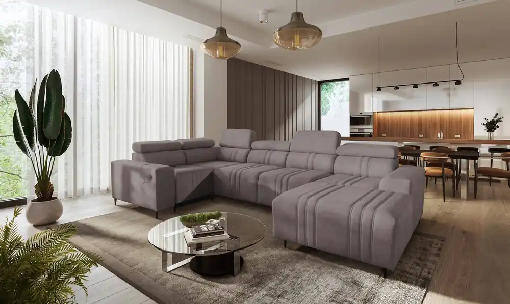 Ecksofa mit Schlaffunktion Castel IV grau-braun rechtsseitig stilvolles Ecksofa mit Bettzeugcontainer und verstellbaren Kopfstützen Preisreduziert