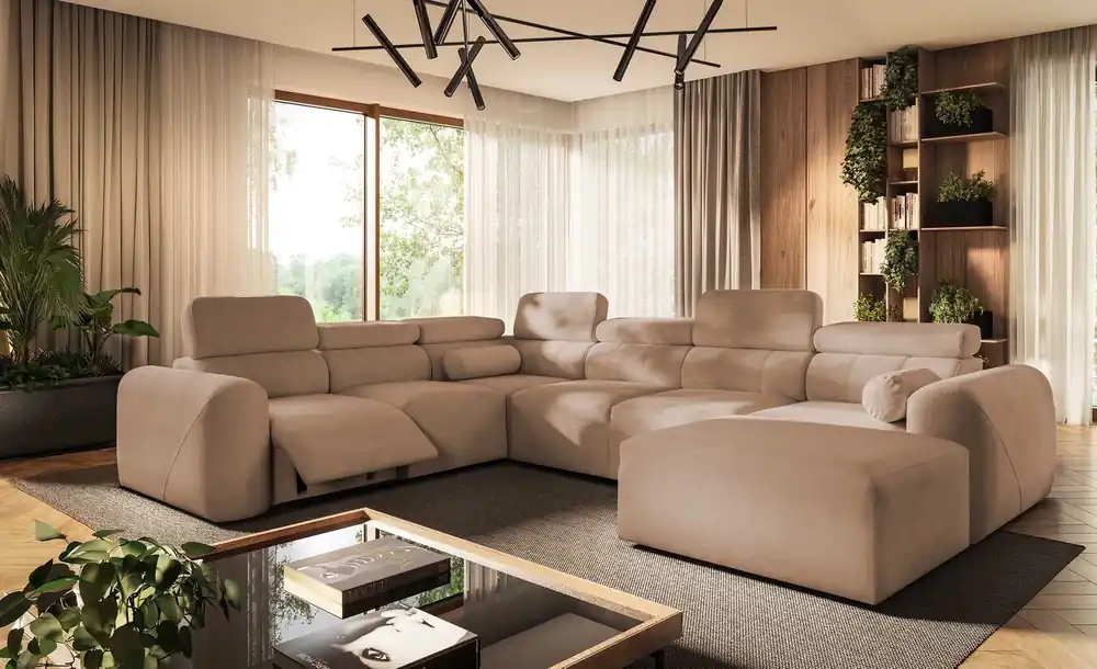 Ausverkauf Ecksofa mit Schlaffunktion Cantare VIII Lux Lachsfarbe rechts Design Ecksofa mit elektrisch hochgestelltem Fußteil
