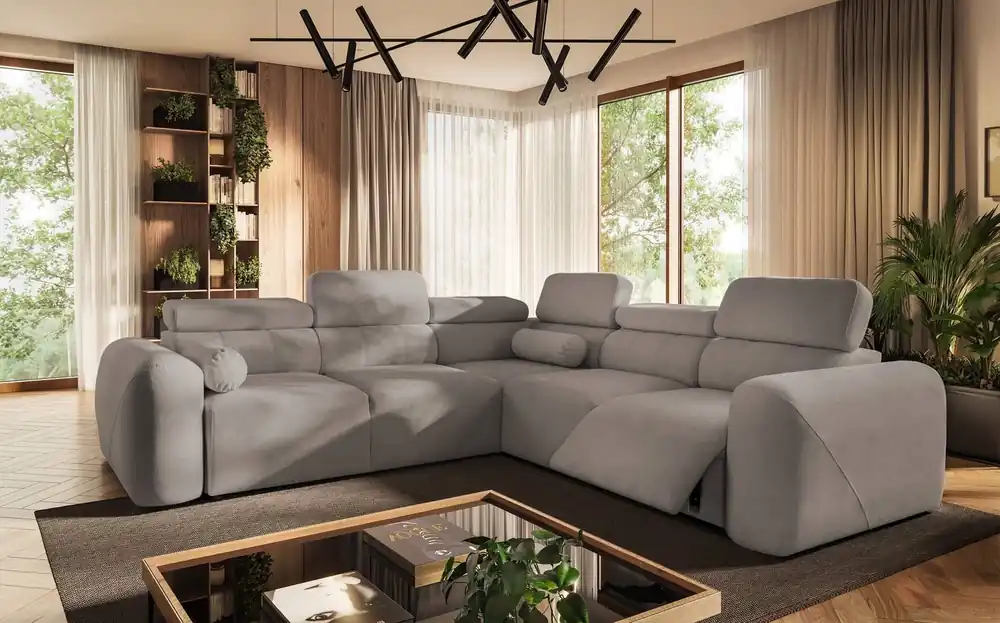 Knallerangebot Ecksofa mit Schlaffunktion Cantare III Lux grau Esche rechtshändig stilvolles und bequemes Ecksofa für das Wohnzimmer mit hochklappbarem Fußteil
