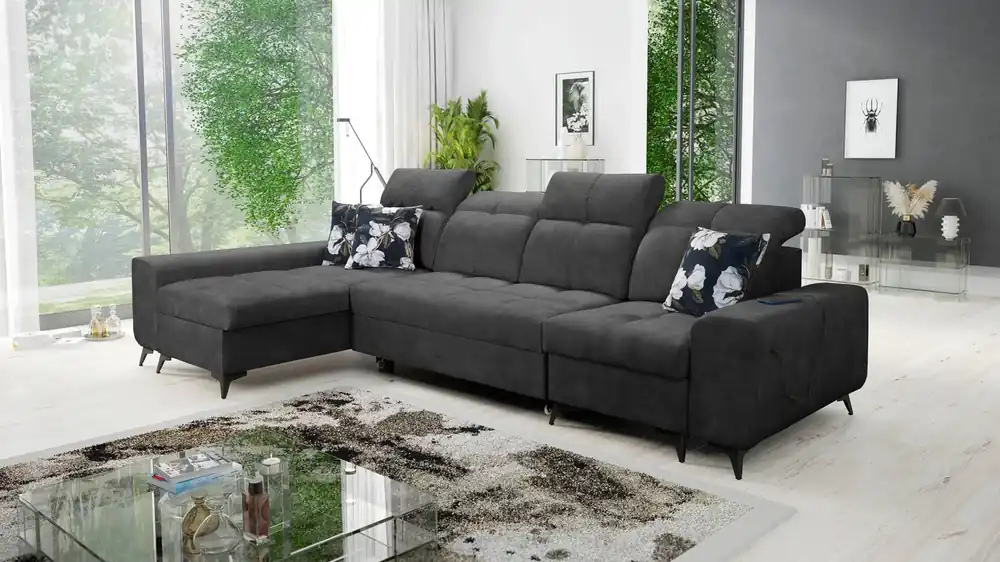 Ausverkauf Ecksofa mit Schlaffunktion Buffalo XII graphit linke Seite stilvolles und funktionelles Ecksofa mit Bettzeugbehälter