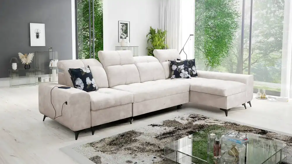 Direktkauf Ecksofa mit Schlaffunktion Buffalo XII creme rechts stilvolles und funktionelles Ecksofa mit Bettzeugcontainer