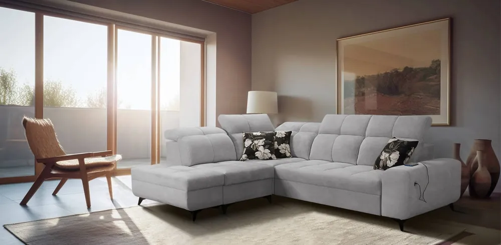 Ecksofa mit Schlaffunktion Buffalo VII grau Esche links stilvolles Ecksofa mit Bettzeugcontainern Velourstoff Online Kaufen