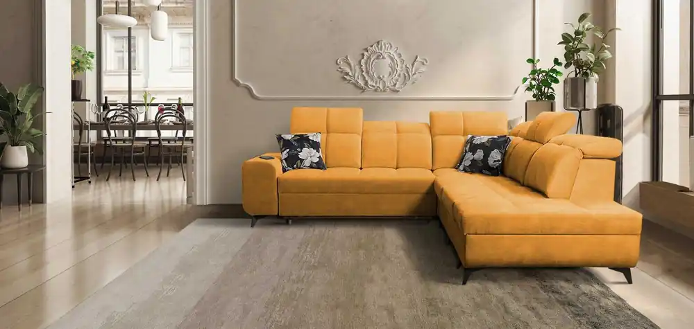 Ecksofa mit Schlaffunktion Buffalo IX gelb rechte Seite stilvolles Ecksofa für Zimmer aus Velourstoff Zierkissen Knallerangebot