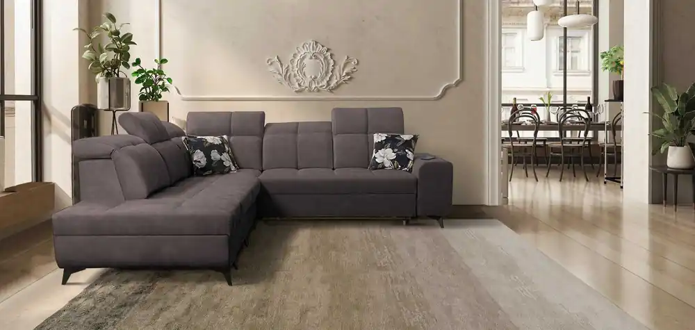 Ecksofa mit Schlaffunktion Buffalo IX braun linke Seite stilvolles Ecksofa für Zimmer aus Velourstoff Zierkissen Billig