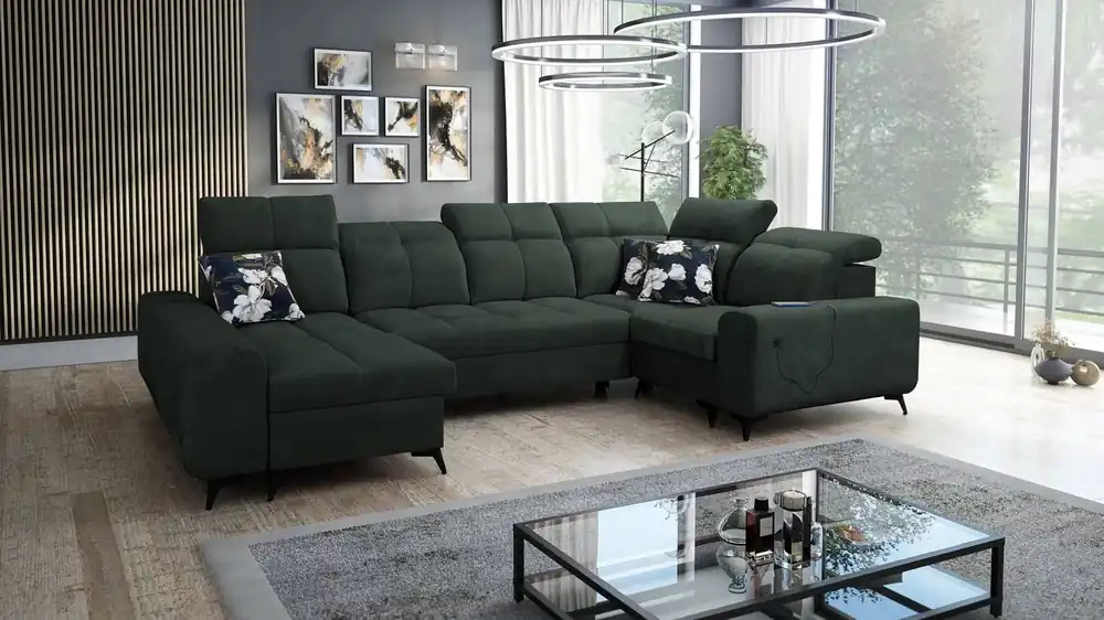 Preis Gesenkt Ecksofa mit Schlaffunktion Buffalo IV grün linke Seite stilvolles Ecksofa mit zwei Bettkästen Velourstoff