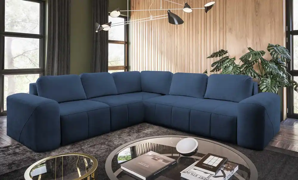 Direkt Vom Hersteller Ecksofa mit Schlaffunktion Bovec III blau links äußerst stilvolles Ecksofa perfekt für ein geräumiges Wohnzimmer