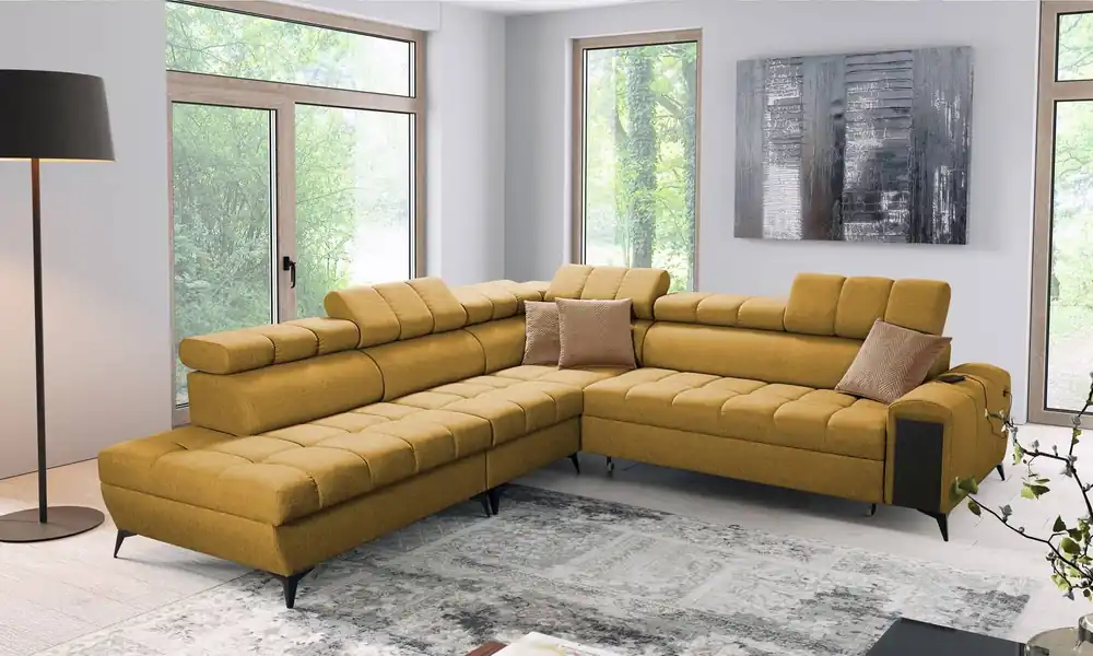 Ecksofa mit Schlaffunktion Bolmso IX senf links bequemes Ecksofa für Wohnzimmer mit Schublade Bettzeug Container stilvolles Design Zertifiziert
