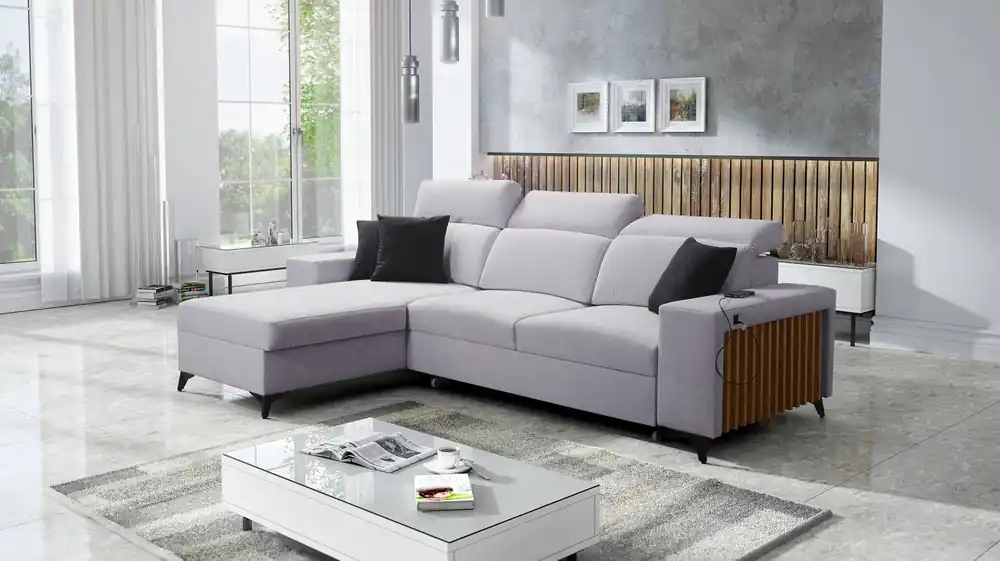 Nur Für Kurze Zeit Kelly Ecksofa mit Schlaffunktion graue Esche links geflochten Komfort und Funktionalität Eckseite mit Latten abgeschlossen
