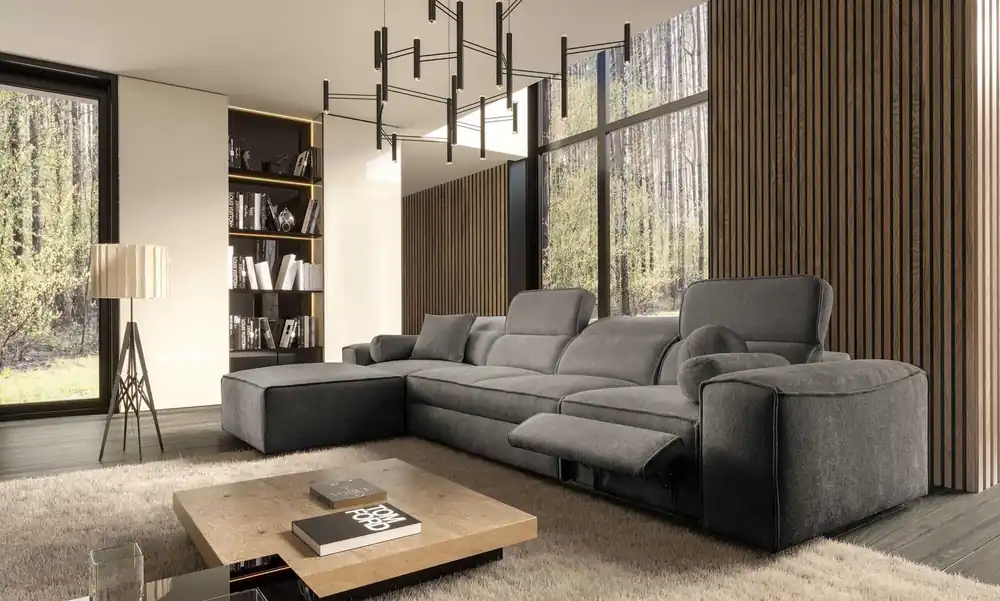 Ecksofa mit Schlaffunktion Viano XII Lux grau linksseitiges Designer-Ecksofa für das Wohnzimmer mit komfortablem ausziehbarem Fußteil Finale Aktion