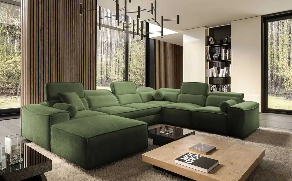 Ecksofa mit Schlaffunktion Viano VIII grün links modernes Ecksofa mit interessantem Design Bettzeugcontainer Abverkauf