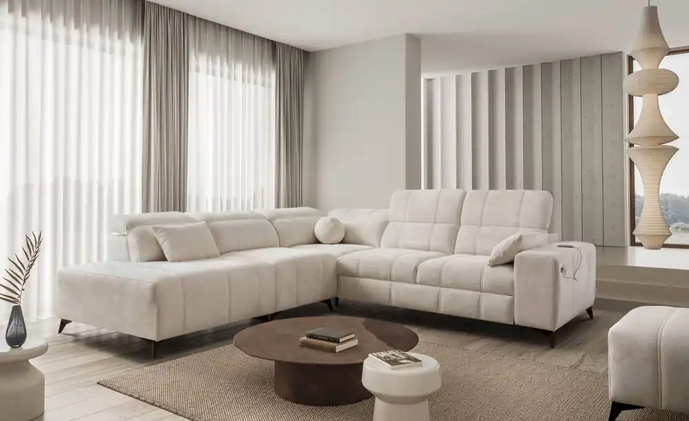 Online Kaufen Ecksofa mit Schlaffunktion Penejos IX creme linke Seite stilvolles Ecksofa mit Bettzeugcontainern komfortable verstellbare Kopfstützen