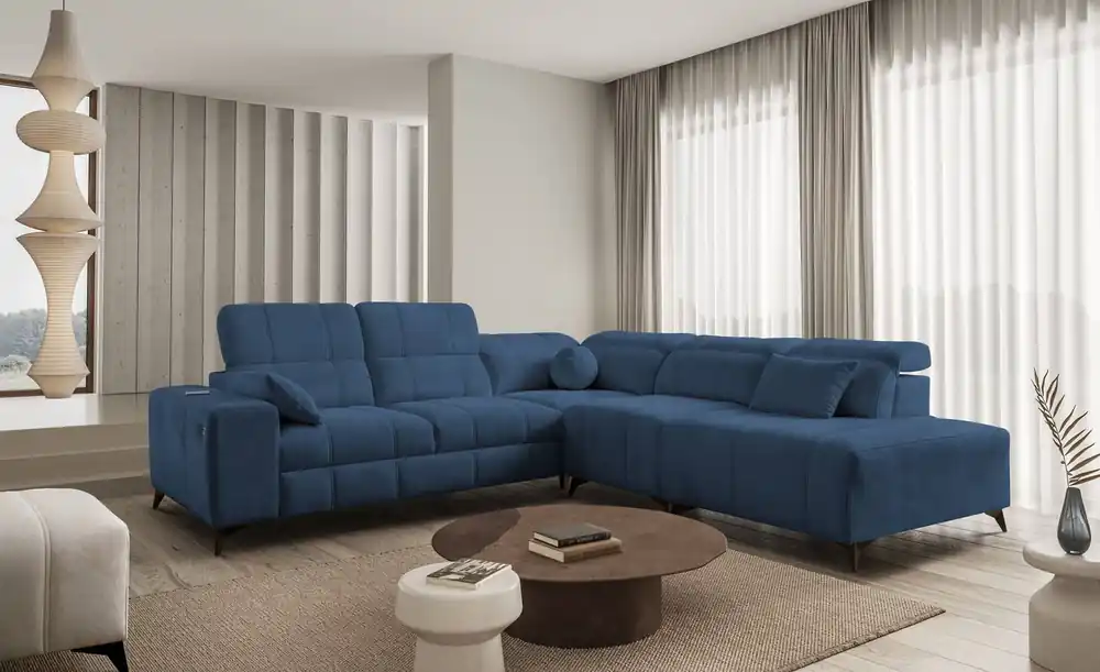Ecksofa mit Schlaffunktion Penejos IX blau rechtsseitig stilvolles Ecksofa mit Bettzeugcontainern komfortable verstellbare Kopfstützen Finale Aktion