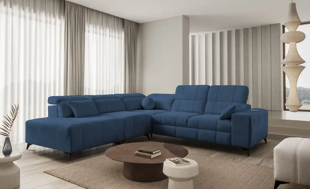 Ecksofa mit Schlaffunktion Penejos IX blau linke Seite stilvolles Ecksofa mit Bettzeugcontainern komfortable verstellbare Kopfstützen Sale