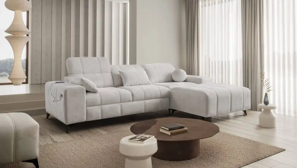 Abverkauf Ecksofa mit Schlaffunktion Penejos grau Esche rechts elegant Ecksofa mit Bettzeugablage bequem verstellbare Kopfstützen