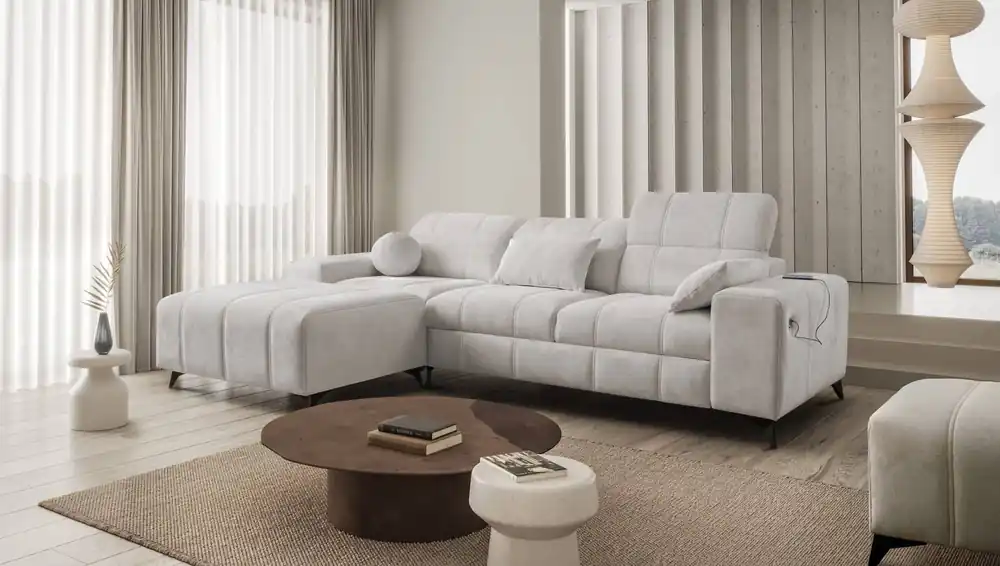 Ecksofa mit Schlaffunktion Penejos grau Esche links elegantes Ecksofa mit Bettzeugablage bequem verstellbare Kopfstützen Jetzt Bestellen