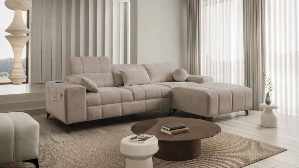 Online Kaufen Ecksofa mit Schlaffunktion Penejos dunkelbeige rechts elegantes Ecksofa mit Bettzeugablage verstellbare Kopfstützen