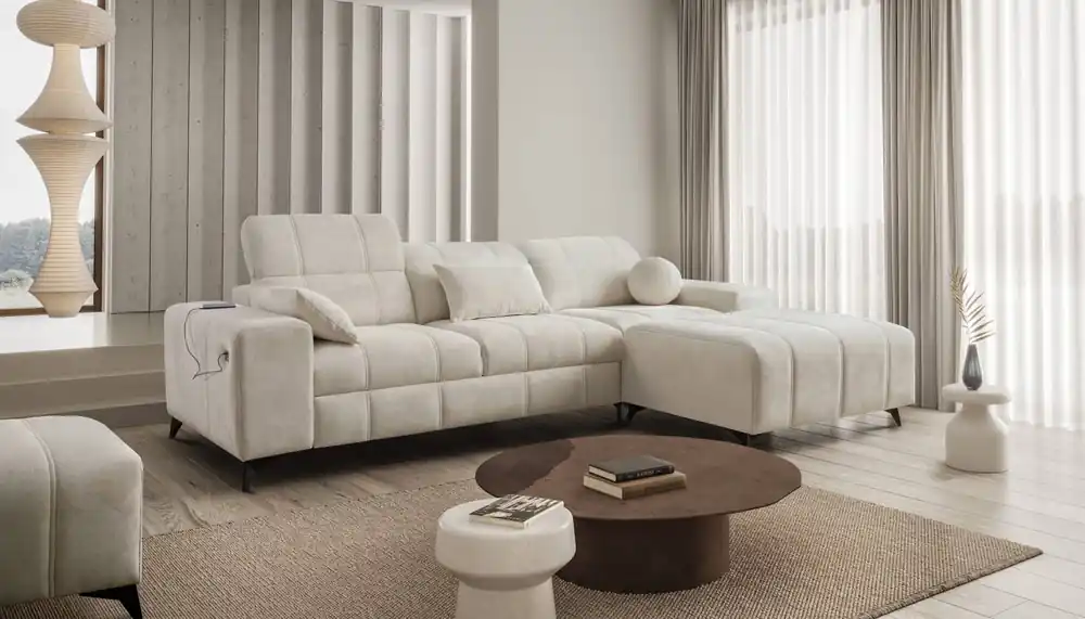Ecksofa mit Schlaffunktion Penejos creme rechts elegantes Ecksofa mit Bettzeugablage bequem verstellbare Kopfstützen Solange Der Vorrat Reicht