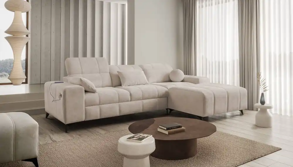 Aktuell Ecksofa mit Schlaffunktion Penejos beige rechts elegantes Ecksofa mit Bettzeugablage bequem verstellbare Kopfstützen