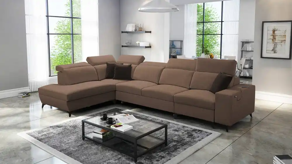 Ecksofa mit Schlaffunktion Kelly Sleek XI hellbraun linke Seite stilvolles und bequemes Ecksofa aus strapazierfähigem Webstoff Mega-Angebot