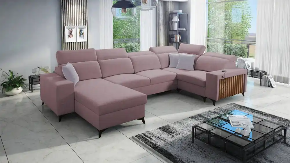 Ecksofa mit Schlaffunktion Kelly IV lavendel rosa links geflochtenes bequemes Ecksofa verstellbare Kopfstützen seitlich mit Latten verkleidet Versand Am Gleichen Tag