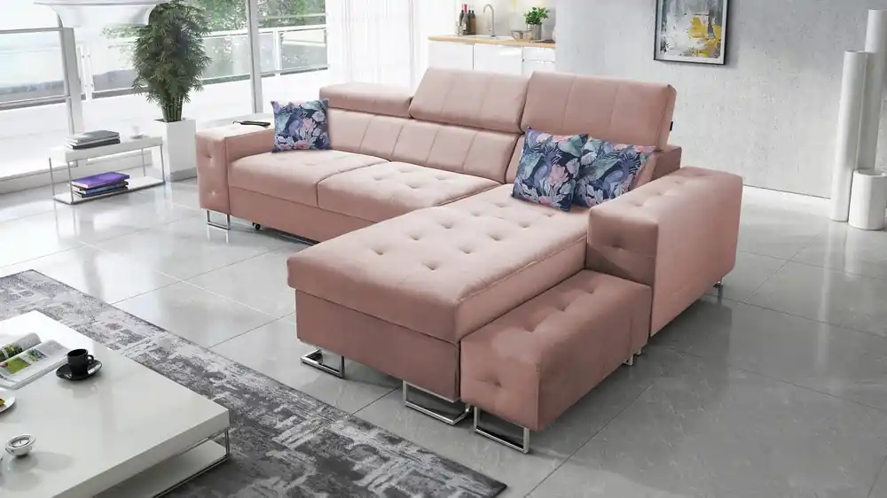 Ecksofa mit Schlaffunktion Hampton quartz pink rechte Seite stilvolle Steppung auf dem Sitz weicher Polsterstoff Ecksofa mit Verlängerung Aktuell