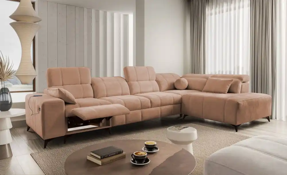 Kracherpreis Ecksofa mit Schlaffunktion Penejos XI Lux lachsfarben rechts stilvolles Ecksofa mit bequemer ausziehbarer Fußstütze