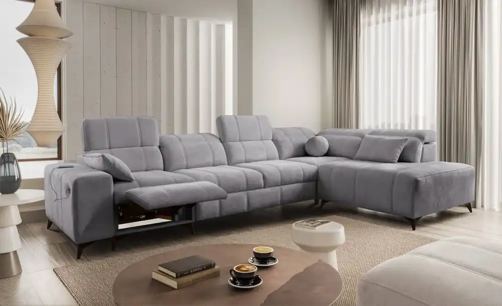 Knallerangebot Ecksofa mit Schlaffunktion Penejos XI Lux hellgrau rechtshändig stilvolles Ecksofa mit komfortablem ausziehbarem Fußteil