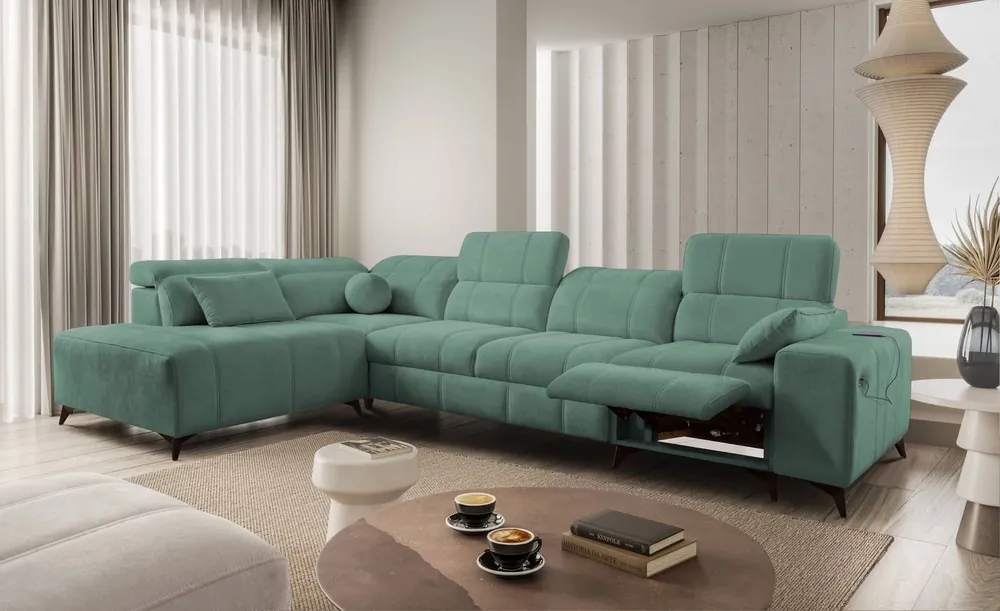 Direkt Vom Hersteller Ecksofa mit Schlaffunktion Penejos XI Lux grün linksseitig stilvolles Ecksofa mit bequemer ausziehbarer Fußstütze