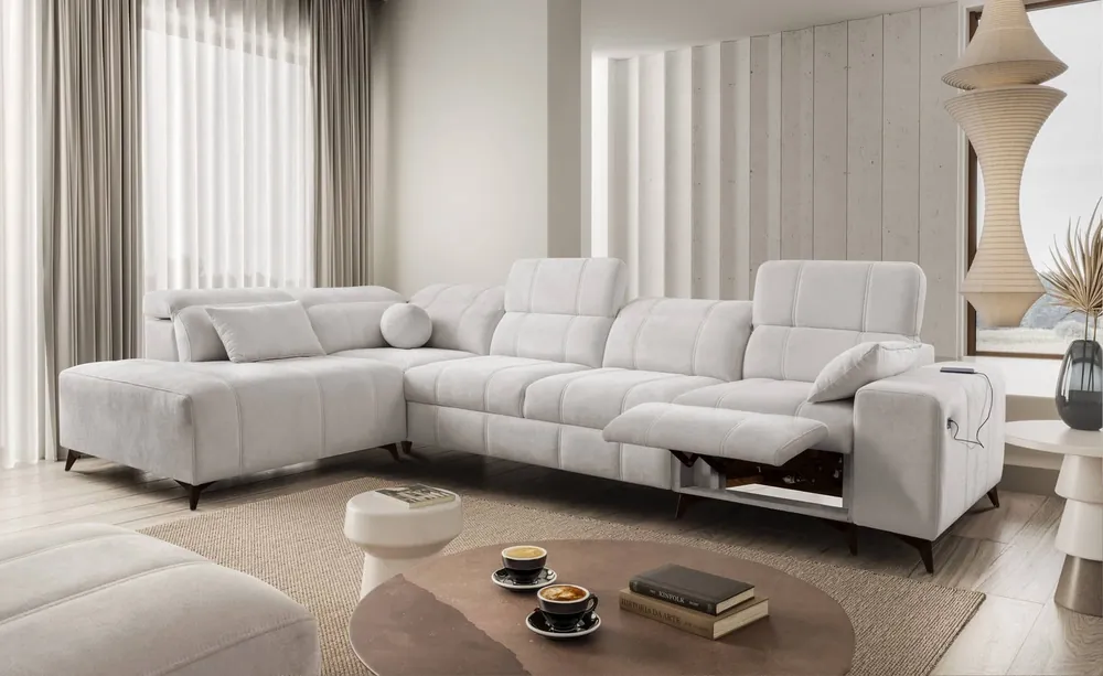 Garantierte Lieferung Ecksofa mit Schlaffunktion Penejos XI Lux grau Esche links stilvolles Ecksofa mit bequemer ausziehbarer Fußstütze