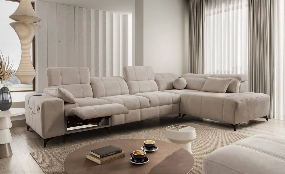 Sonderangebot Ecksofa mit Schlaffunktion Penejos XI Lux dunkelbeige rechts stilvolles Ecksofa mit komfortablem ausziehbarem Fußteil