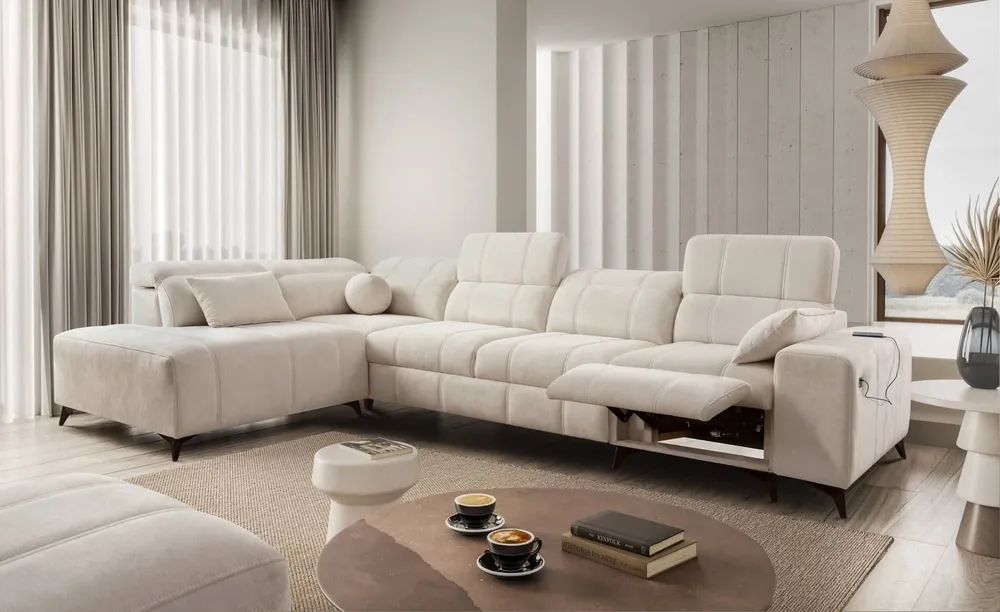 Sofort Bestellen Ecksofa mit Schlaffunktion Penejos XI Lux cremefarben linksseitig stilvolles Ecksofa mit komfortablem ausziehbarem Fußteil