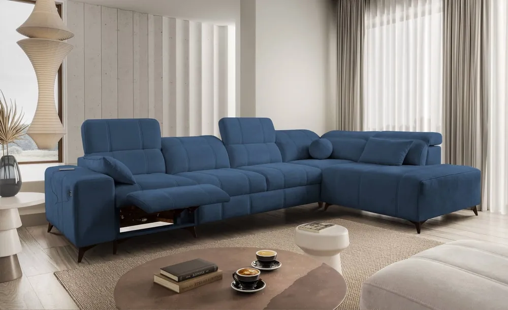 Top-Angebot Ecksofa mit Schlaffunktion Penejos XI Lux blau rechtsseitig stilvolles Ecksofa mit komfortablem ausziehbarem Fußteil