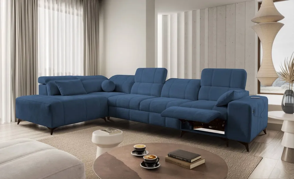 Ecksofa mit Schlaffunktion Penejos XI Lux blau linksseitig stilvolles Ecksofa mit bequemer ausziehbarer Fußstütze Highlight