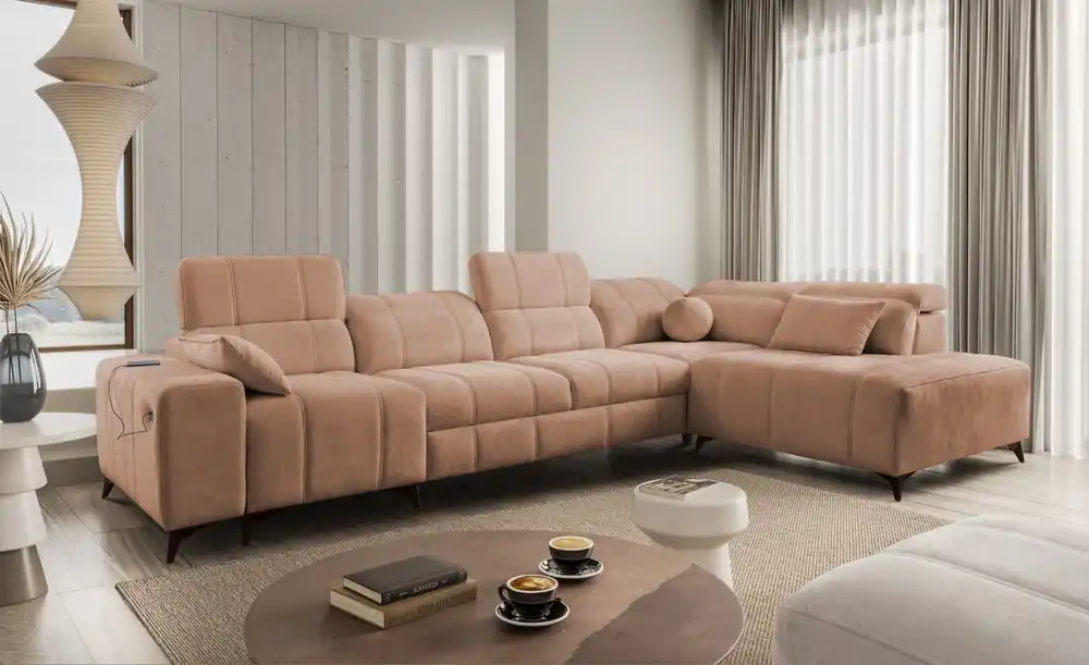 Sonderaktion Ecksofa mit Schlaffunktion Penejos XI lachsfarbenes komfortables Ecksofa mit verstellbaren Kopfstützen und zwei Bettkästen