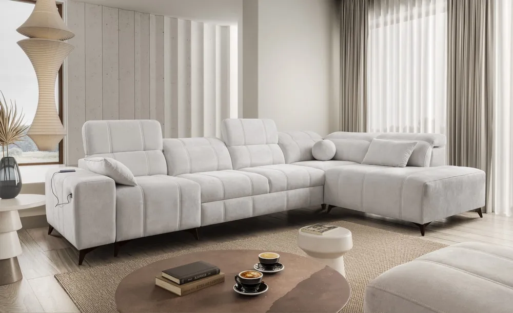 Ecksofa mit Schlaffunktion Penejos XI grau Esche rechts komfortables Ecksofa mit verstellbaren Kopfstützen und zwei Bettkästen Neue Kollektion