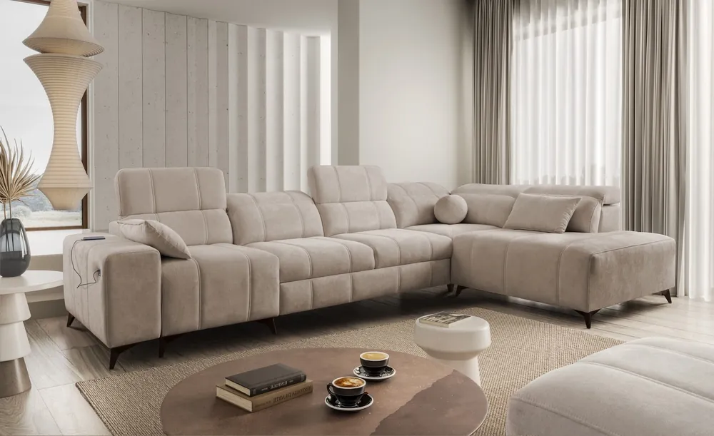 Ecksofa mit Schlaffunktion Penejos XI dunkelbeige rechtes Ecksofa mit verstellbaren Kopfstützen und zwei Bettkästen Billig