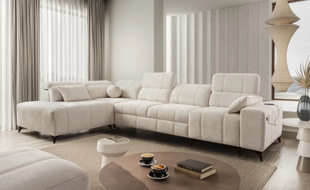 Ecksofa mit Schlaffunktion Penejos XI creme links komfortables Ecksofa mit verstellbaren Kopfstützen und zwei Bettkästen Heißes Angebot