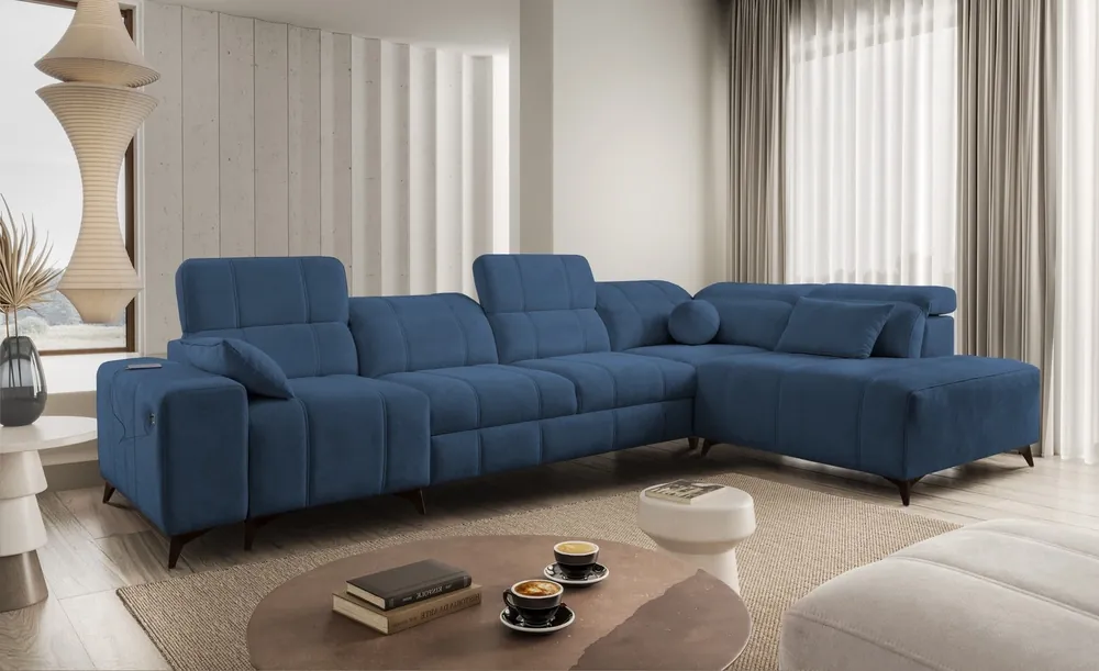 Ecksofa mit Schlaffunktion Penejos XI blau rechts bequemes Ecksofa mit verstellbaren Kopfstützen und zwei Bettkästen Günstig