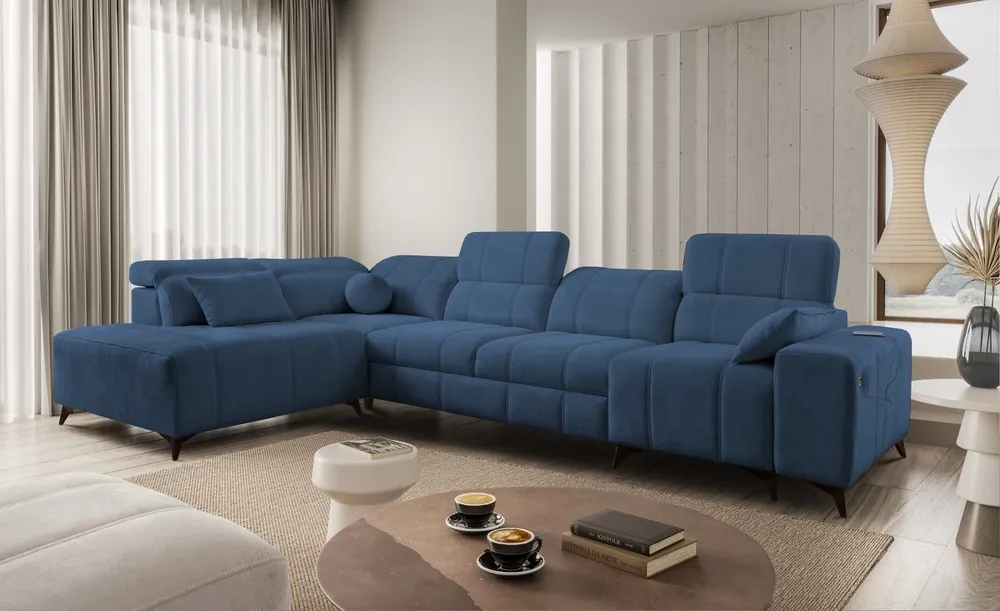 Ecksofa mit Schlaffunktion Penejos XI blau links komfortables Ecksofa mit verstellbaren Kopfstützen und zwei Bettkästen Markenware