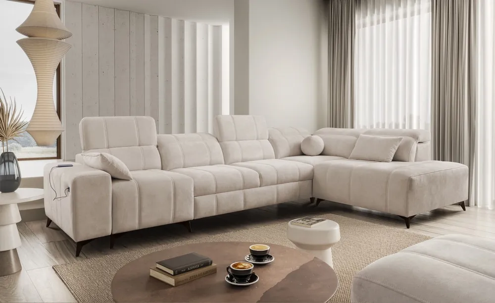 Bestpreis Ecksofa mit Schlaffunktion Penejos XI beige rechtsseitiges bequemes Ecksofa mit verstellbaren Kopfstützen und zwei Bettkästen