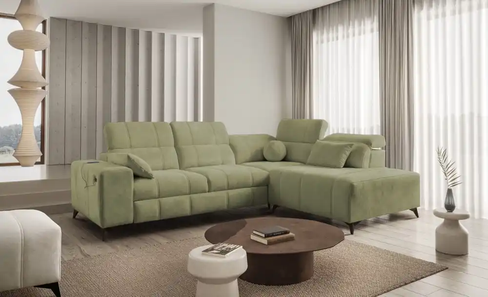 Zertifiziert Ecksofa mit Schlaffunktion Penejos VII olive rechts stilvolles Ecksofa mit Bettzeugablage komfortable verstellbare Kopfstützen